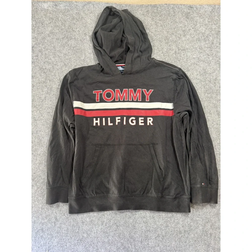 Tommy Hilfiger Logo Stripe Hoodie Large 16/18 Black Cotton Blend Pullover